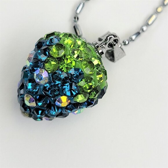 STRAWBERRY Shape Mini Aqua Blue and Lime Green Rhinestone Small Pendant Necklace - Picture 12 of 12